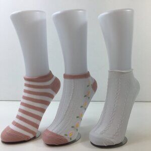 3-Pair Womens Ankle Socks Set – Stripes Daisies & Cable Knit White Fun Styles